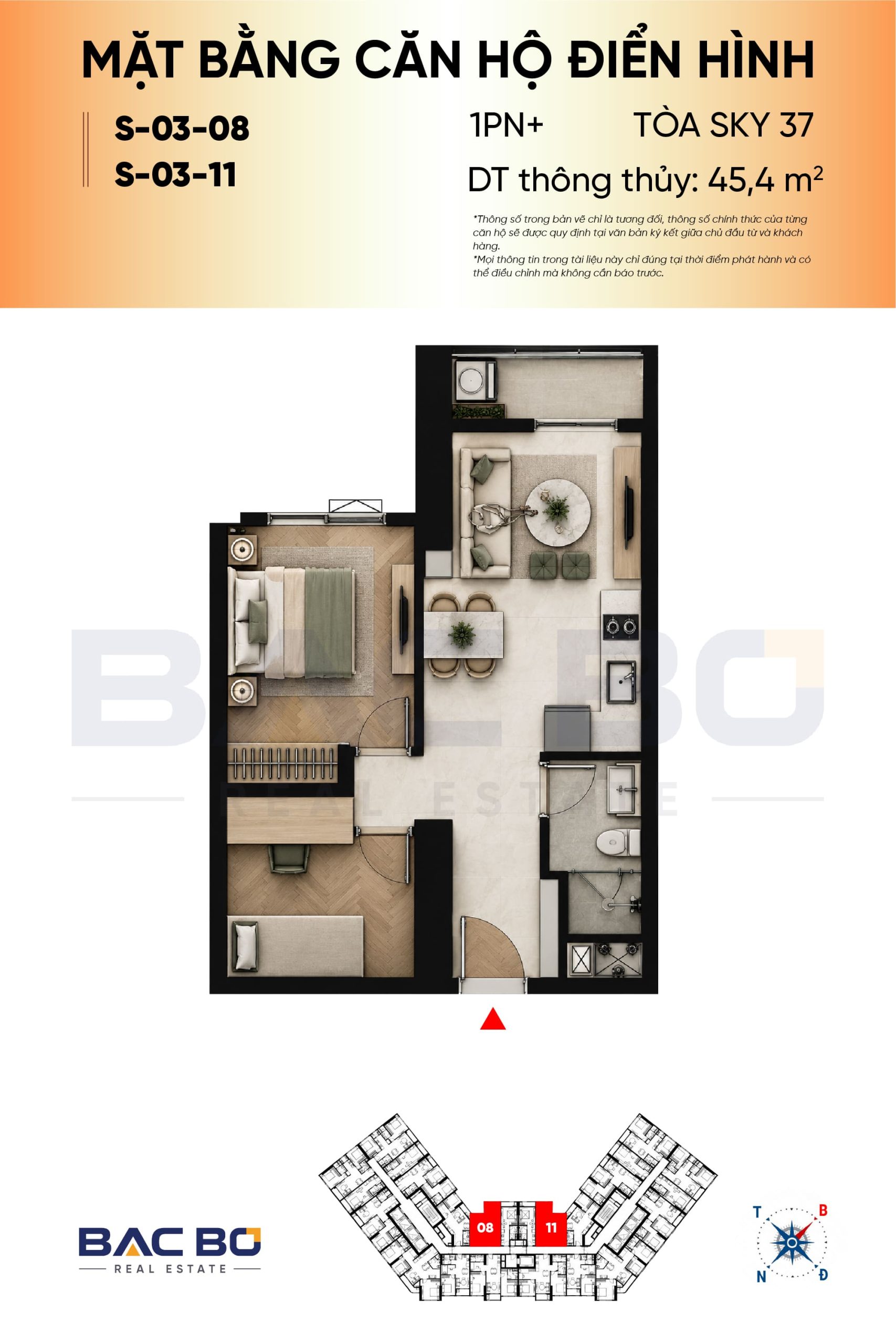 Mặt bằng căn 1PN+ Sun Glory Residence 45,4 m² tòa Sky 37