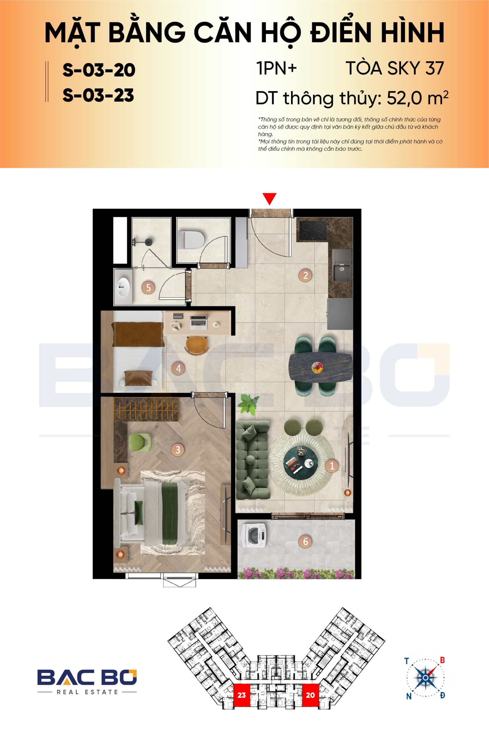 Mặt bằng căn hộ 1PN+ 52 m² Sun Glory Residence có phòng linh hoạt