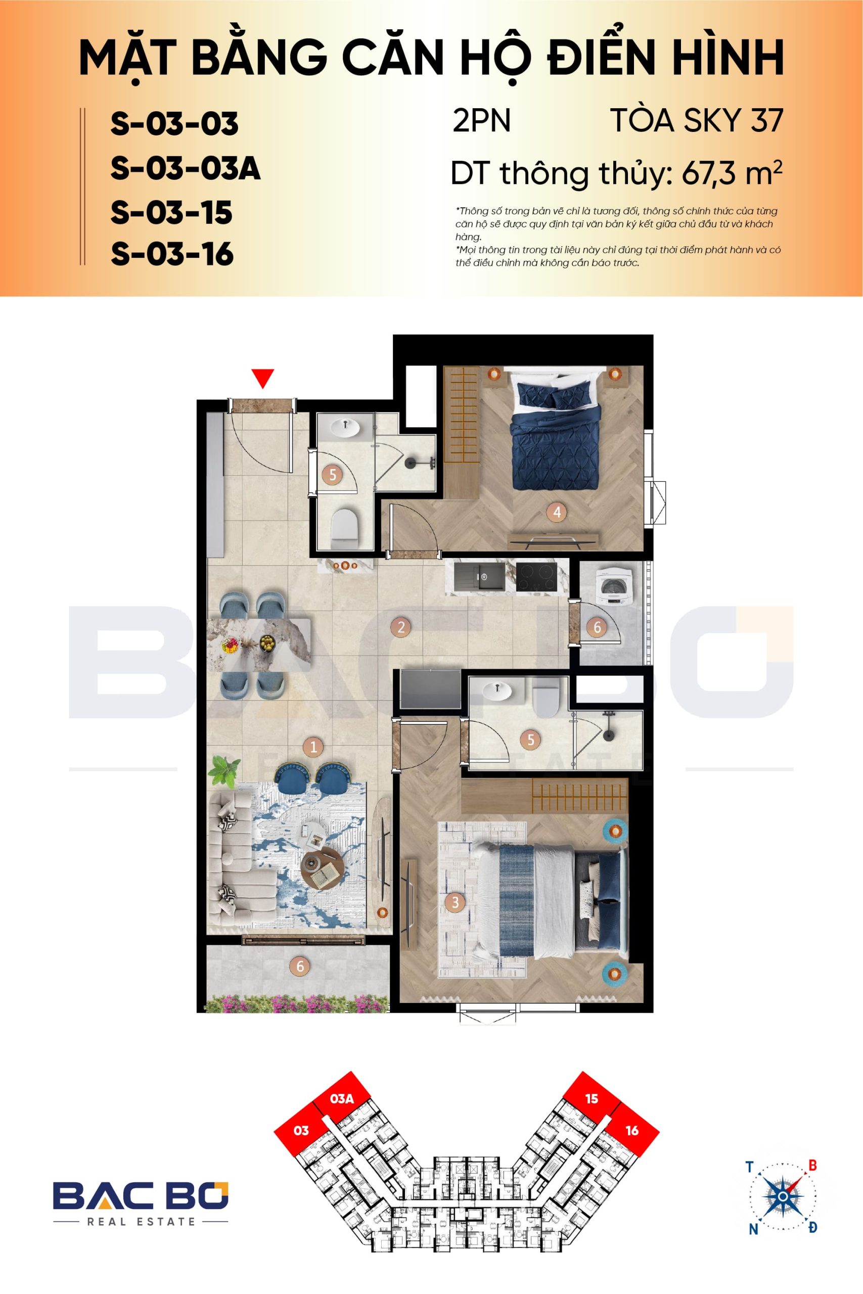 Mặt bằng căn 2PN 67,3 m² chung cư Sun Glory Residence có 2 phòng vệ sinh
