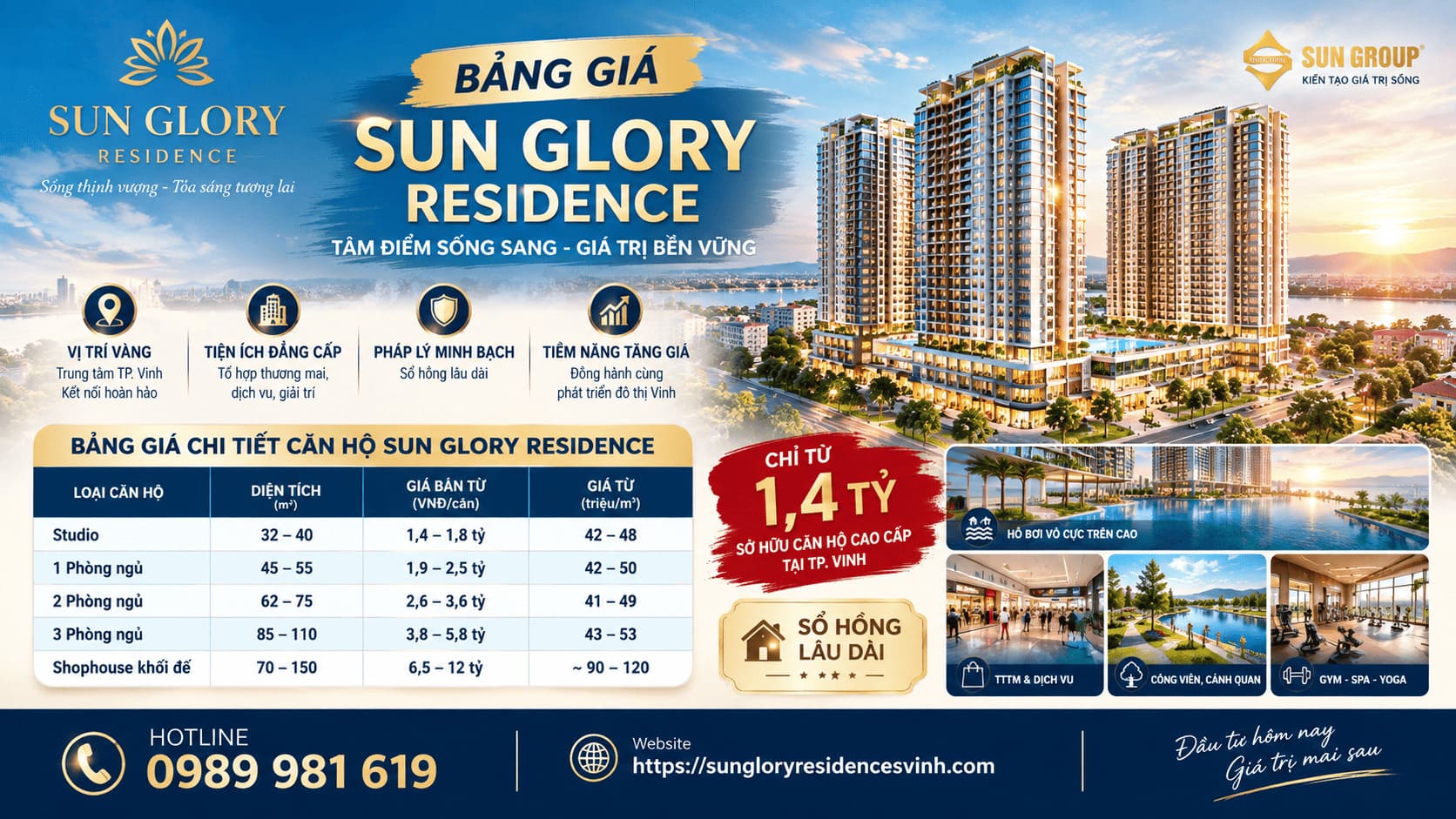 Bảng giá chung cư Sun Glory Residence Vinh – loại hình căn hộ và diện tích tham khảo