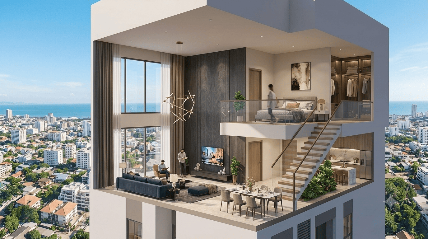 Thiết kế nội thất căn hộ Duplex Sun Glory Residence thông tầng view biển