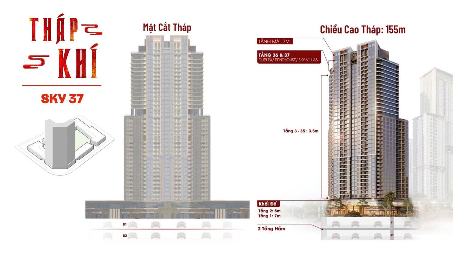 Mặt cắt toà Tháp Khí Sky 37 cao 155m bố trí Duplex Penthouse Sky Villa tại tầng 36 và 37