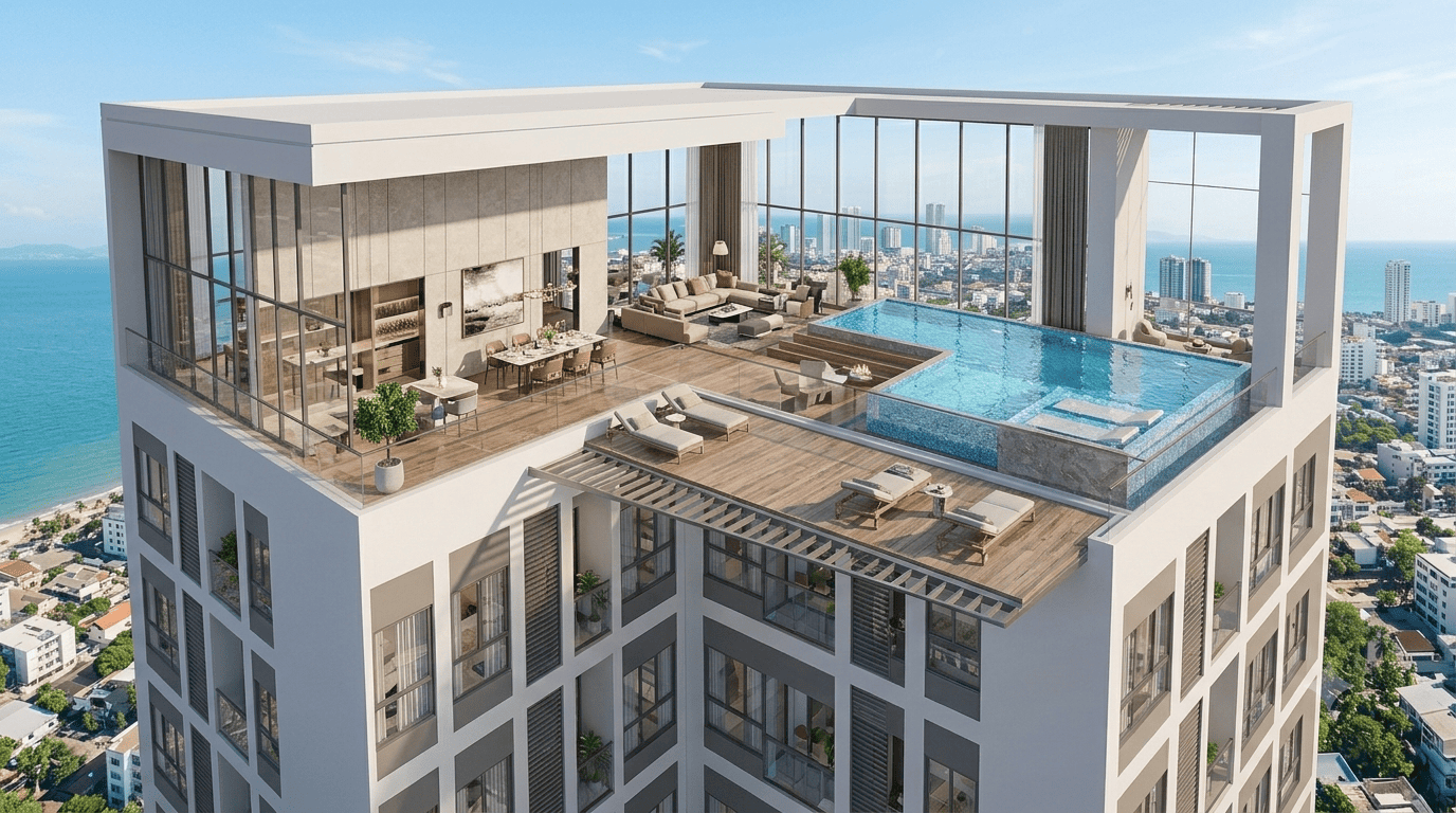 Thiết kế Penthouse Sun Glory Residence với bể bơi vô cực trên sân thượng riêng