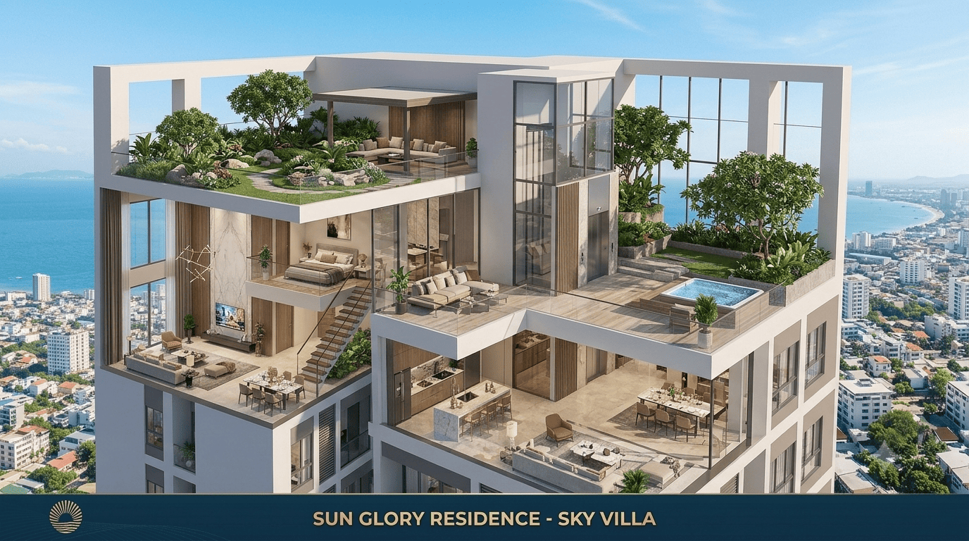 Thiết kế Sky Villa Sun Glory Residence nhiều tầng với vườn trên mái và bể bơi riêng