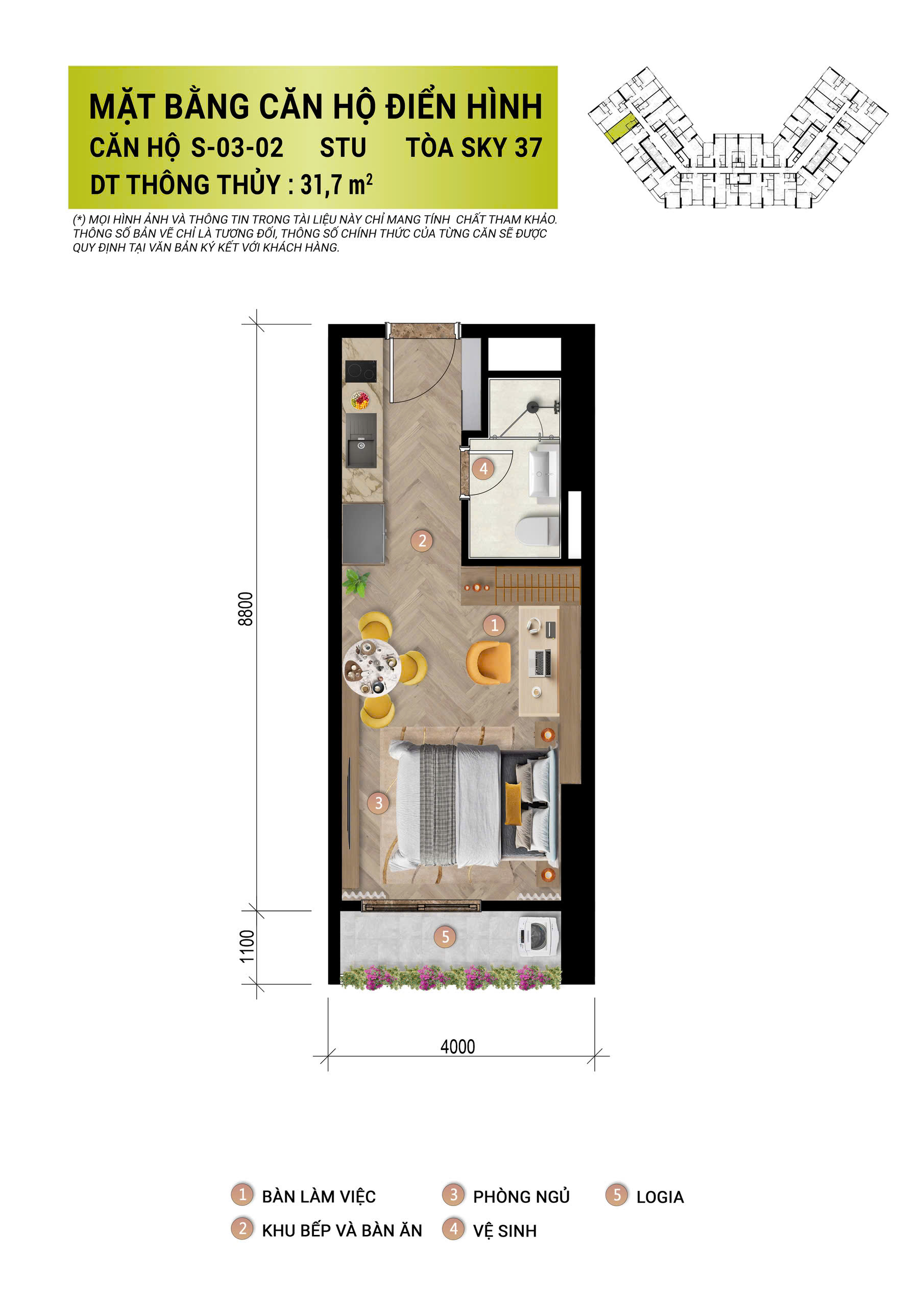 Layout 3D căn hộ Studio Sun Glory Residence