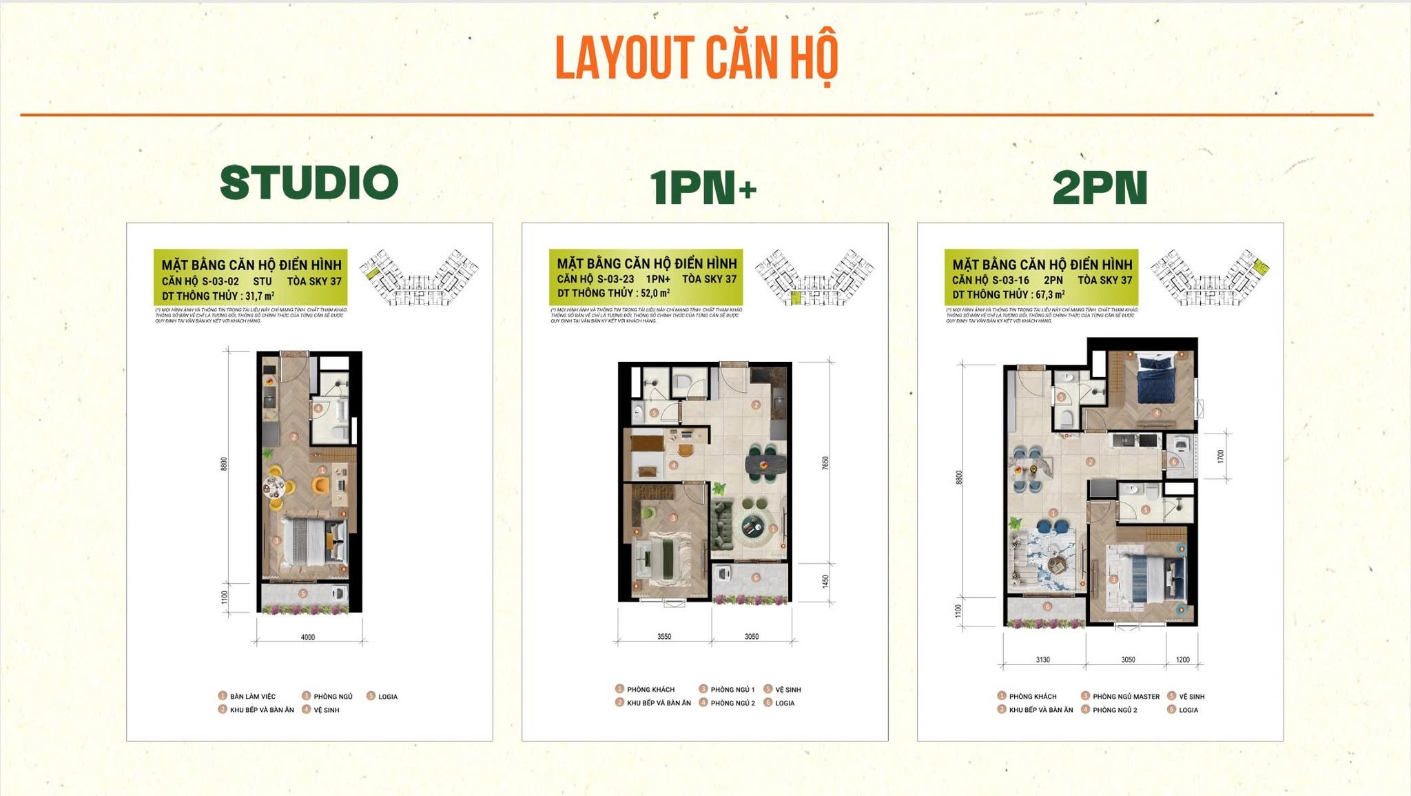 Layout 3D căn hộ điển hình tham khảo khi xem bảng giá Sun Glory Residence