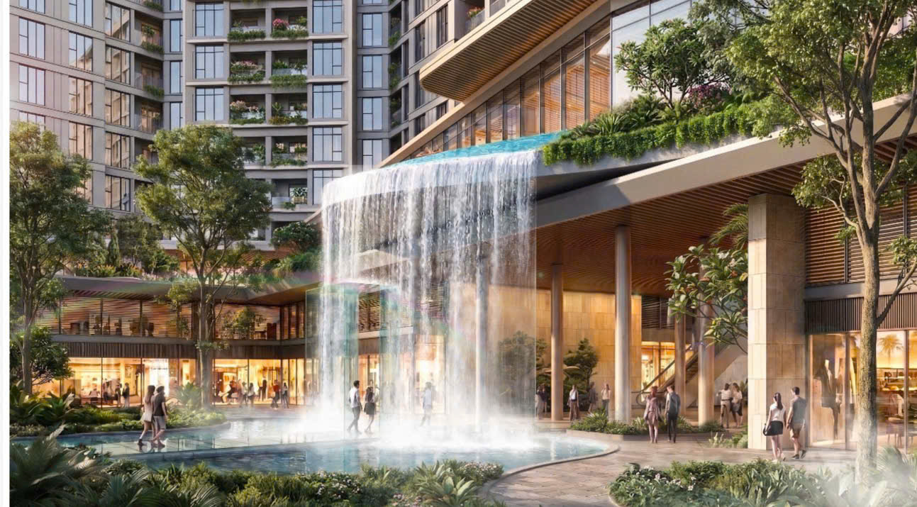 Phối cảnh cây xanh và thác nước khu đế chung cư Sun Glory Residence