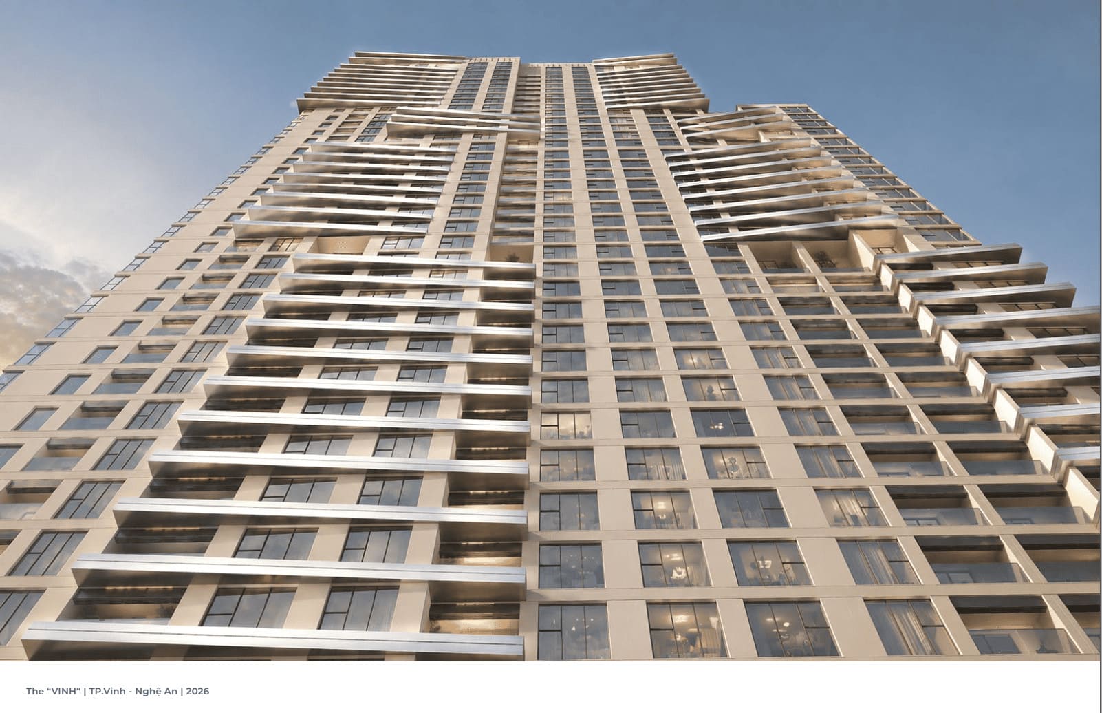 Phối cảnh tòa Infinity Sun Glory Residence nhìn từ dưới lên với hệ ô văng giật cấp