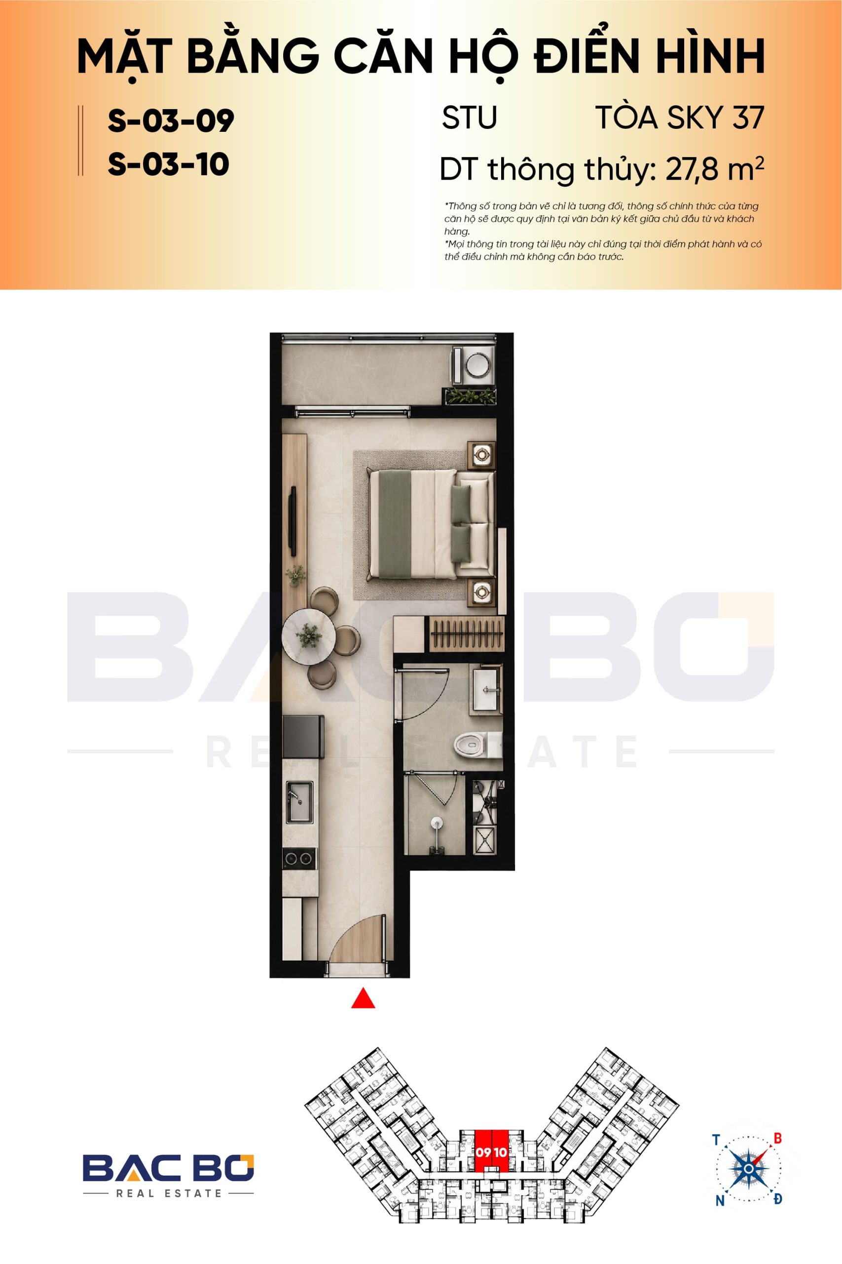 Mặt bằng căn Studio 27,8 m² chung cư Sun Glory Residence có phòng tắm đối diện khu bếp
