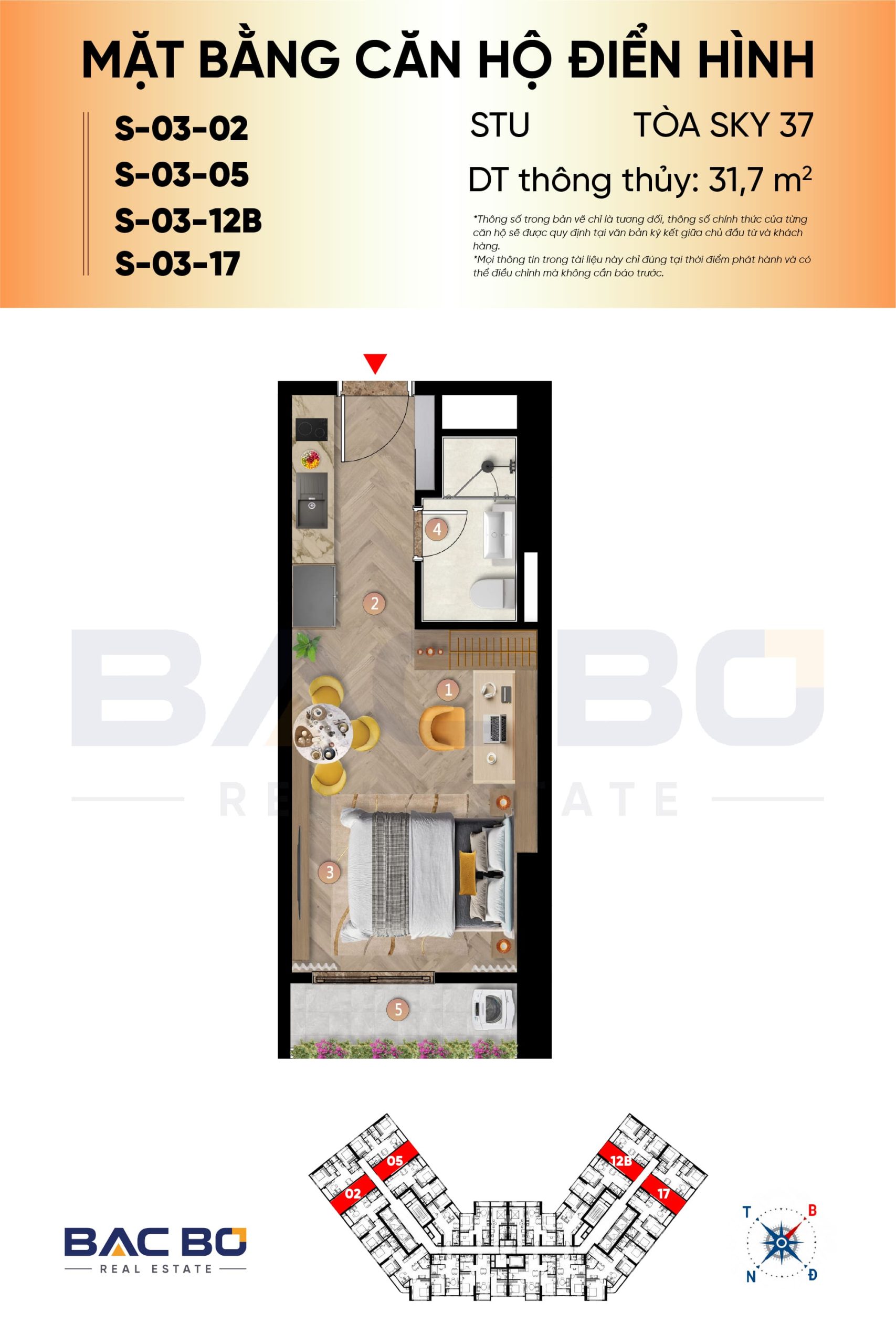 Mặt bằng căn Studio 31,7 m² tòa Sky 37 chung cư Sun Glory Residence có bếp dọc lối vào và lô gia