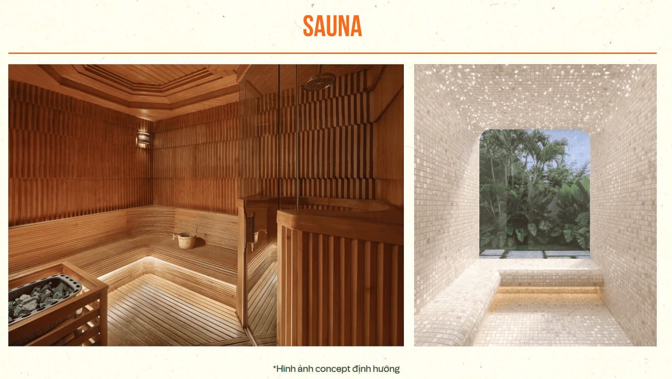 Phối cảnh phòng sauna Sun Glory Residence ốp gỗ và phòng ốp gạch mosaic