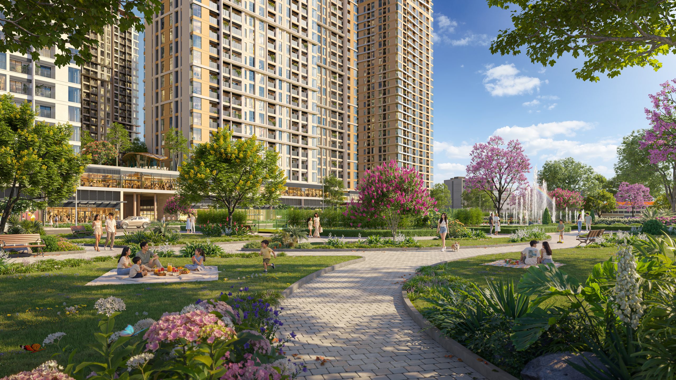 Phối cảnh công viên và khối đế thương mại dưới chân tòa Sun Glory Residence