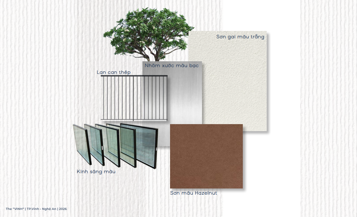 Tông màu và vật liệu chủ đạo mặt đứng tháp Harmony Sun Glory Residence: sơn gai trắng, sơn Hazelnut, nhôm xước bạc, kính sáng màu, lan can thép