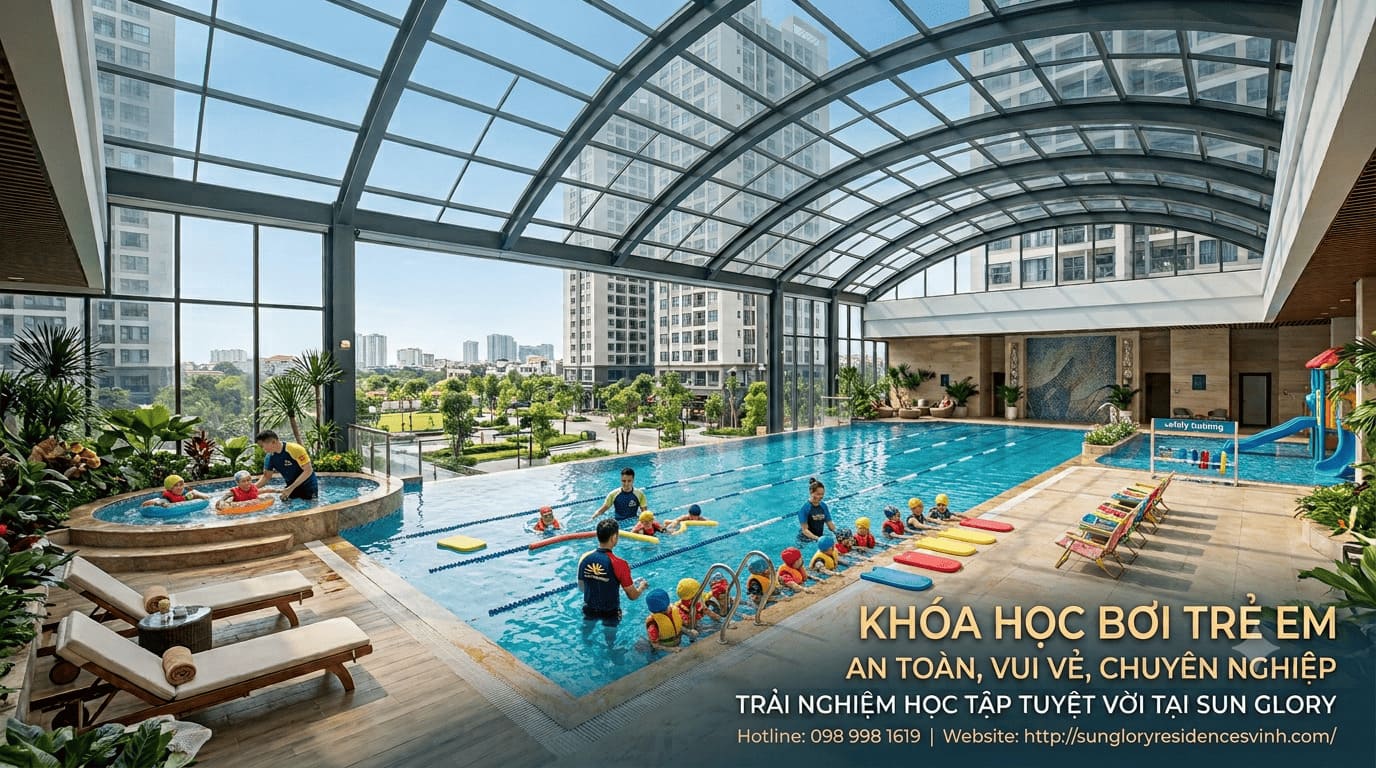 Trẻ con học bơi tại bể bơi 4 mùa Sun Glory Residence