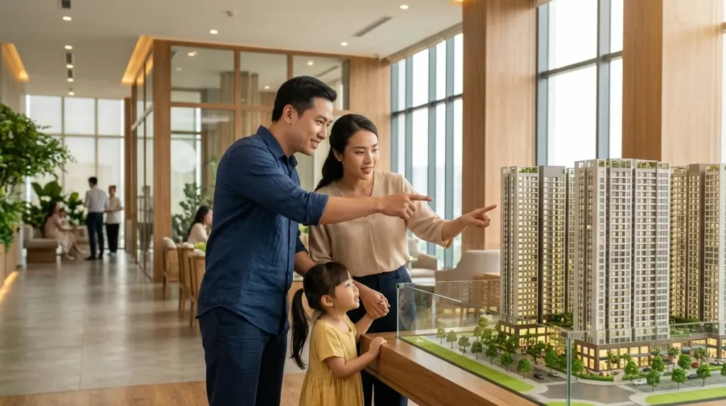 Ảnh minh họa gia đình xem sa bàn trước khi Sun Glory Residence ra giá Rumor
