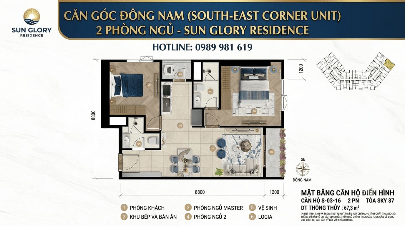 Layout căn góc 2 phòng ngủ ban công Đông Nam Sun Glory Residence