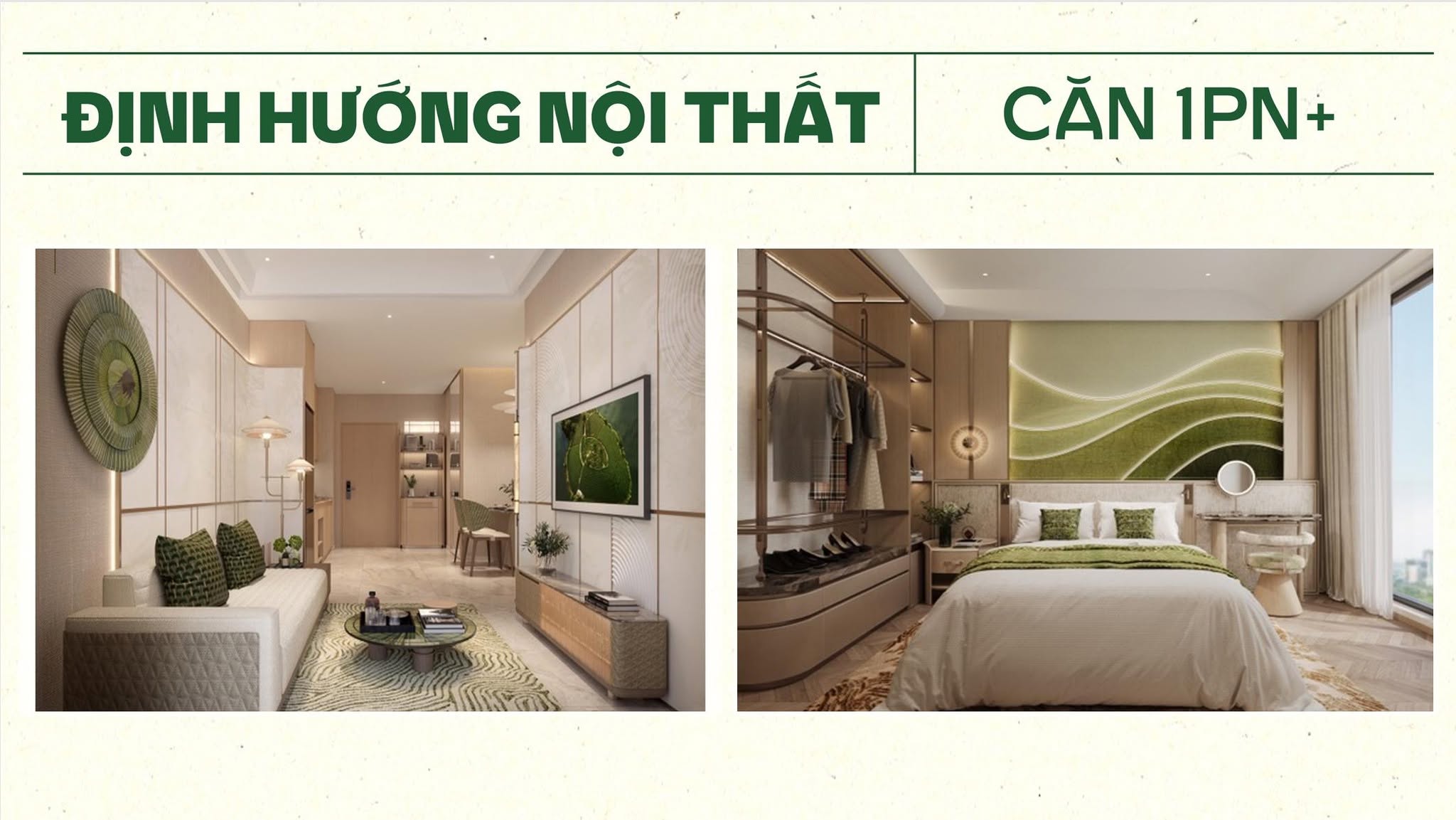 Thiết kế nội thất căn hộ 1 phòng ngủ (1PN+) Sun Glory Residence, tông xanh rêu và họa tiết sóng ombre