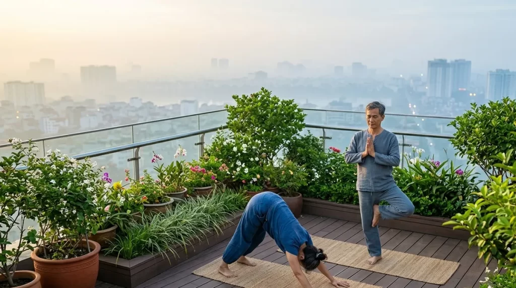 Ảnh minh họa cư dân tập yoga tại vườn trên cao Sun Glory Residence