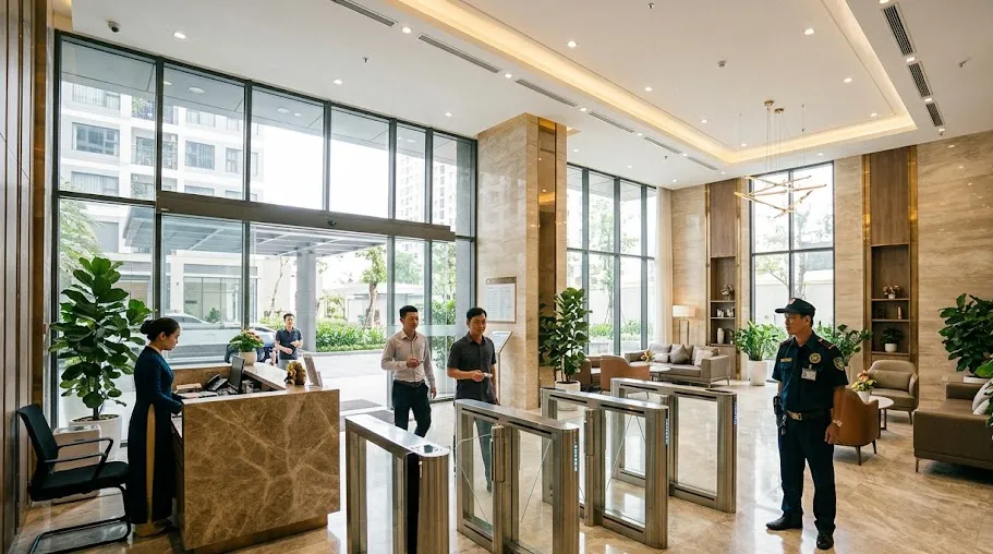 Ảnh minh họa sảnh lễ tân và cổng kiểm soát thẻ từ tòa Sun Glory Residence
