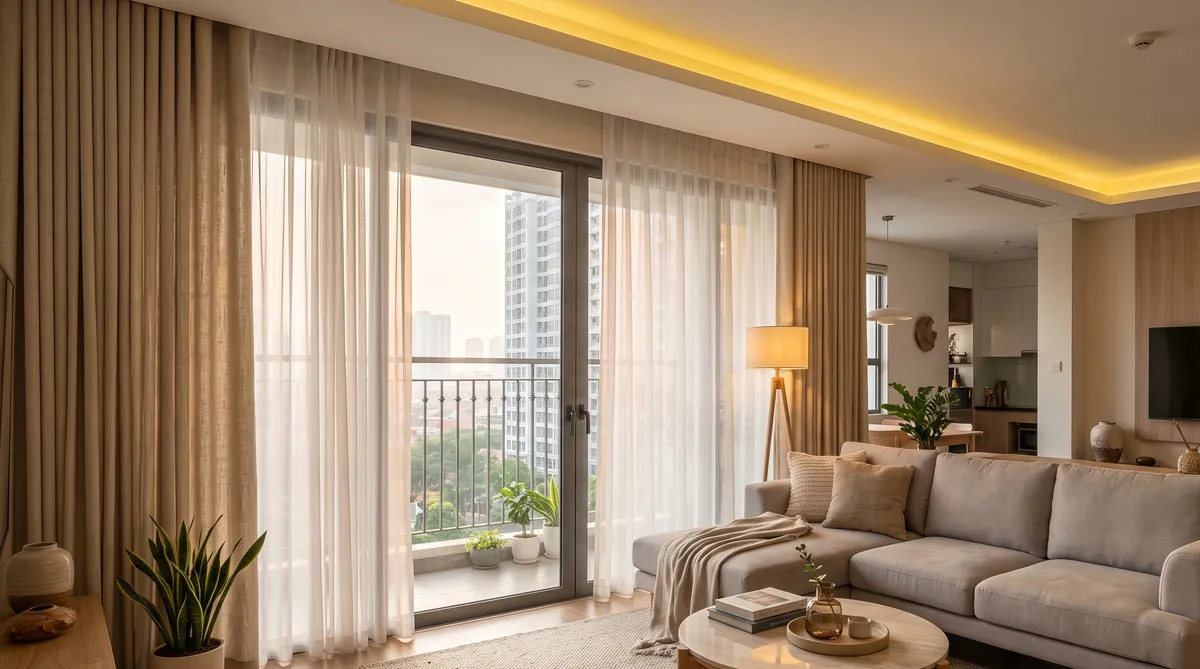 Ảnh minh họa ánh sáng và rèm cửa phòng khách căn hộ chung cư Sun Glory Residence