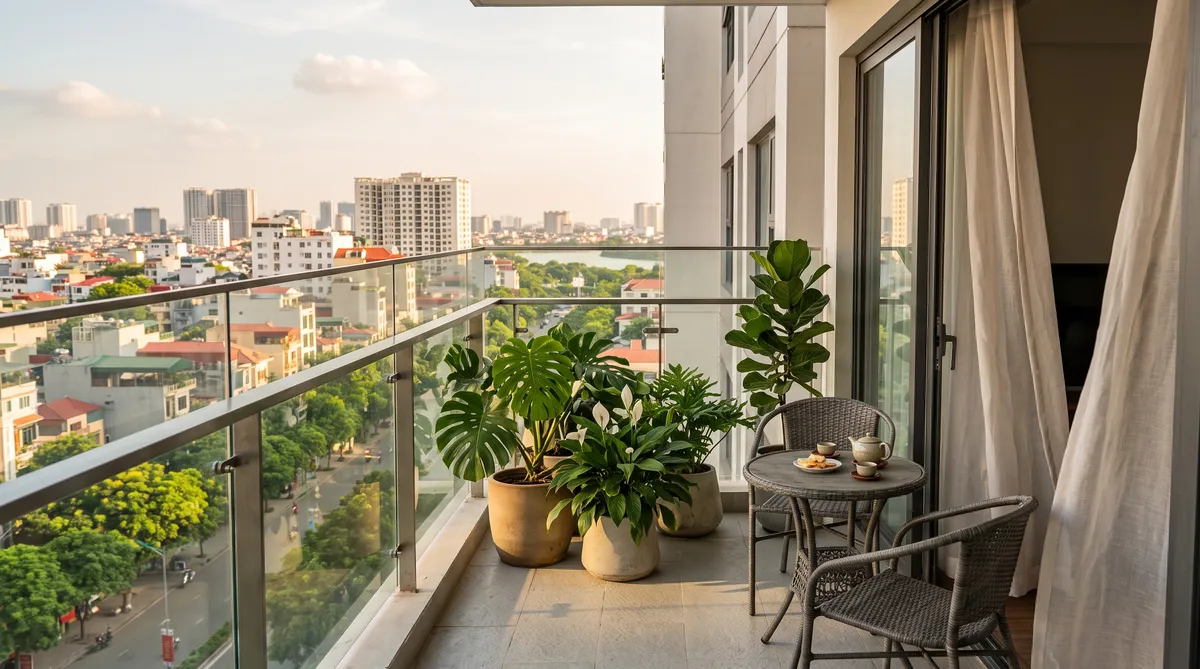 Ảnh minh họa ban công căn hộ chung cư Sun Glory Residence có cây xanh và bàn ghế nhỏ