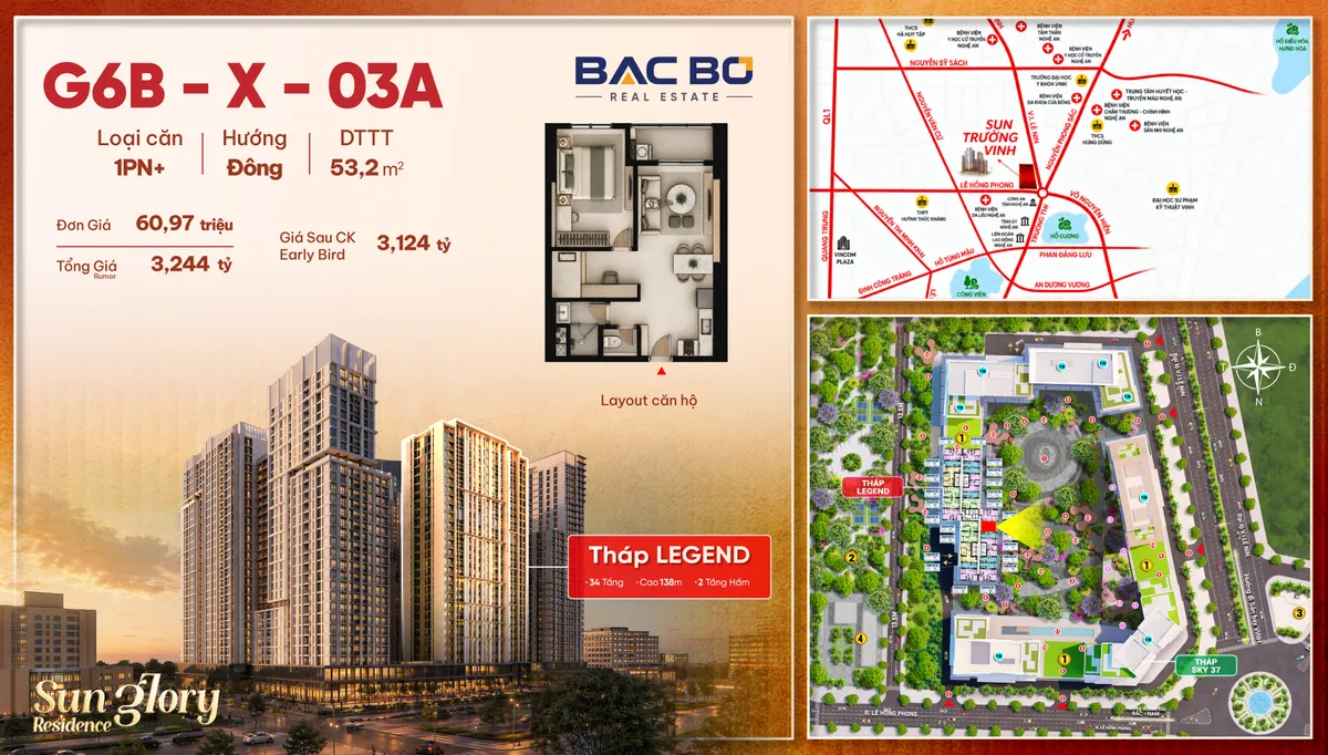 Phiếu căn G6B-X-03A tòa Legend Sun Glory Residence: 1PN+ hướng Đông, 53,2 m²