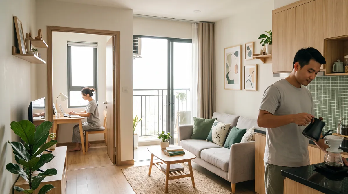 Ảnh minh họa vợ chồng trẻ trong căn 1PN+ Sun Glory Residence
