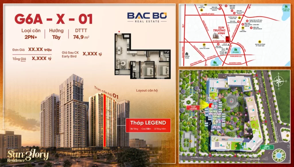Phiếu căn G6A-X-01 tòa Legend Sun Glory Residence: 2PN+ hướng Tây, 74,9 m² thông thủy