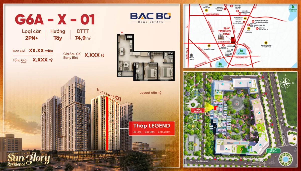 Phiếu căn G6A-X-01 tòa Legend Sun Glory Residence: 2PN+ hướng Tây, 74,9 m² thông thủy