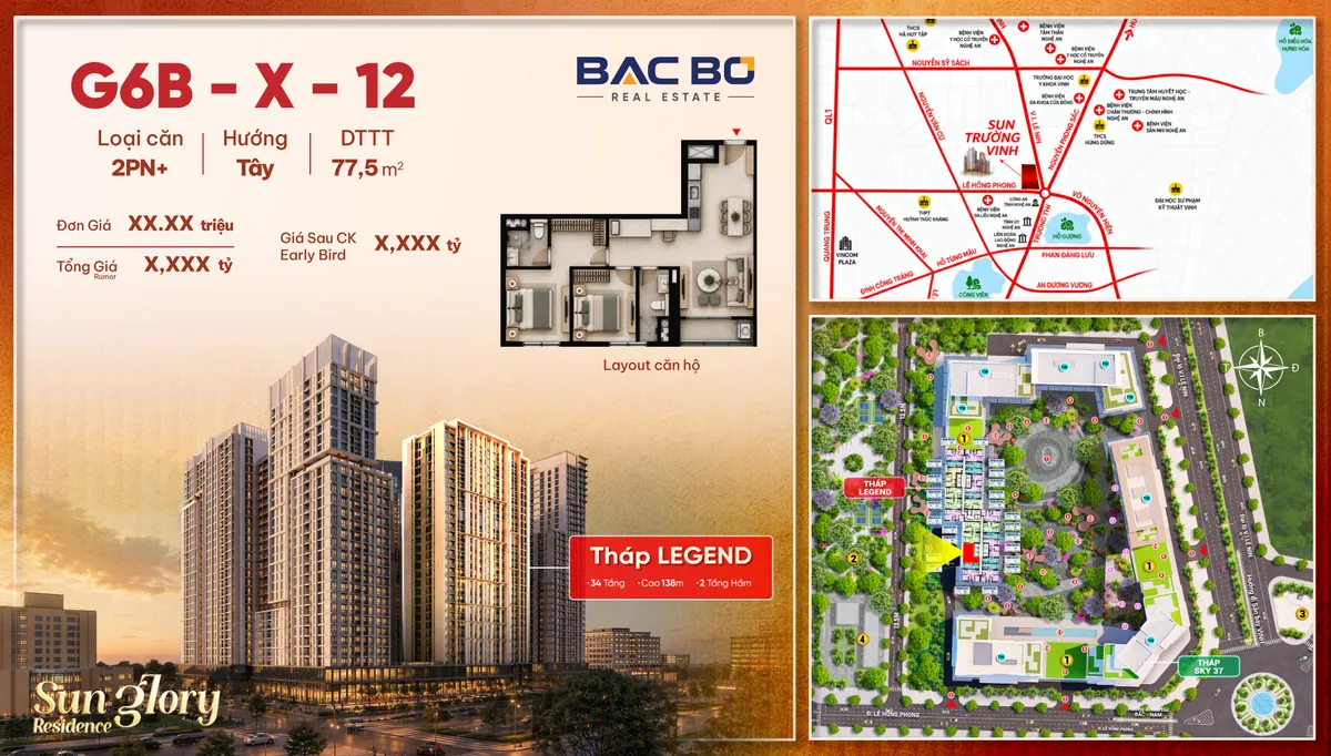 Phiếu căn G6B-X-12 tòa Legend Sun Glory Residence: 2PN+ hướng Tây, 77,5 m² thông thủy
