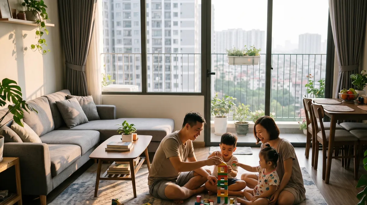 Ảnh minh họa gia đình trẻ trong căn 2PN tòa Legend chung cư Sun Glory Residence