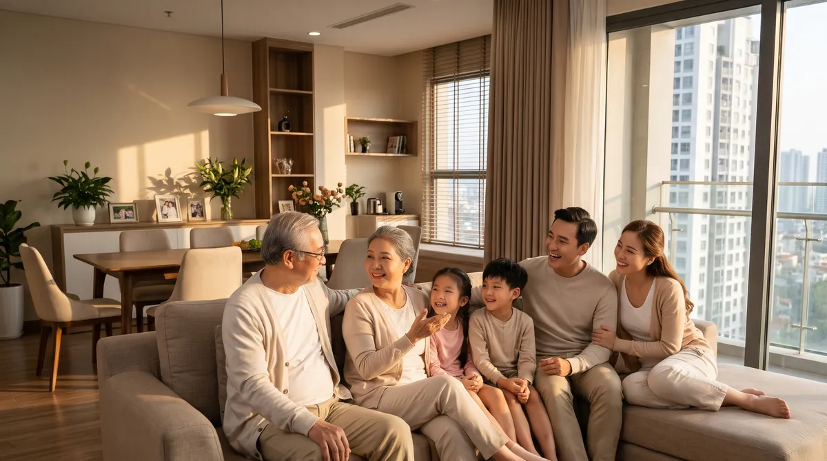 Ảnh minh họa gia đình ba thế hệ trong căn 3PN tòa Legend chung cư Sun Glory Residence