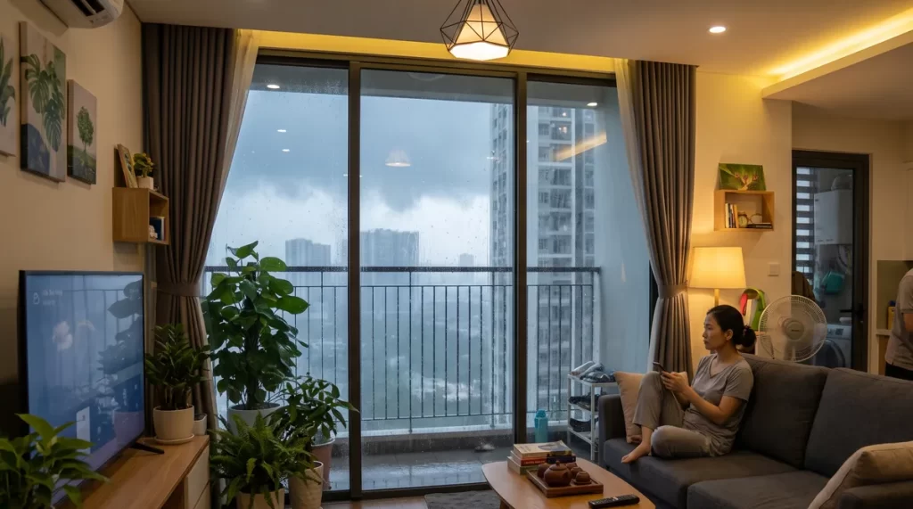 Ảnh minh họa căn hộ Sun Glory Residence mùa mưa bão, cửa kính ban công đóng kín