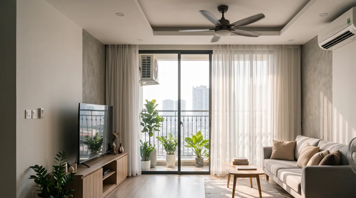 Ảnh minh họa căn hộ Sun Glory Residence mùa nắng nóng với rèm chắn nắng và ban công cây xanh