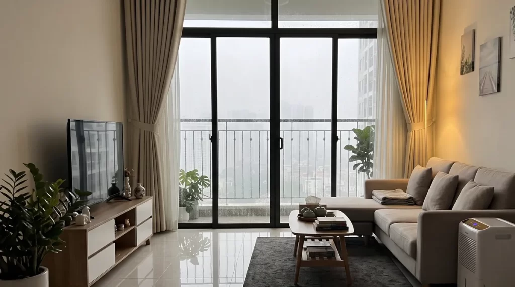 Ảnh minh họa căn hộ Sun Glory Residence mùa nồm ẩm với máy hút ẩm và cửa kính đóng