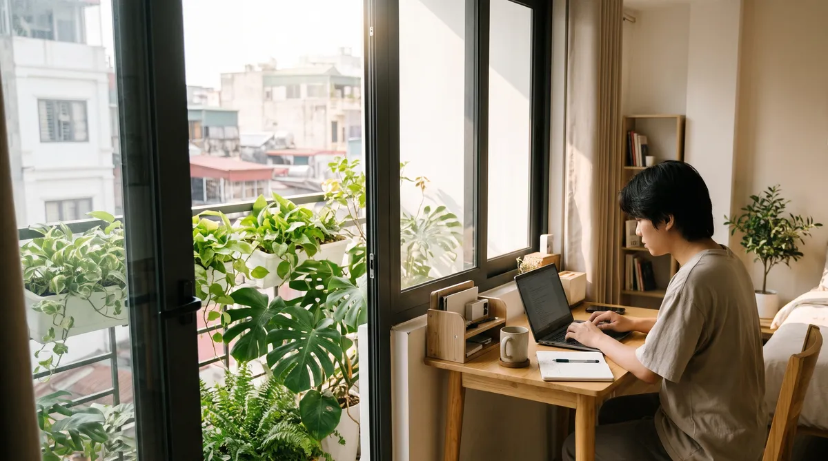 Ảnh minh họa người trẻ làm việc trong căn studio tòa Legend chung cư Sun Glory Residence