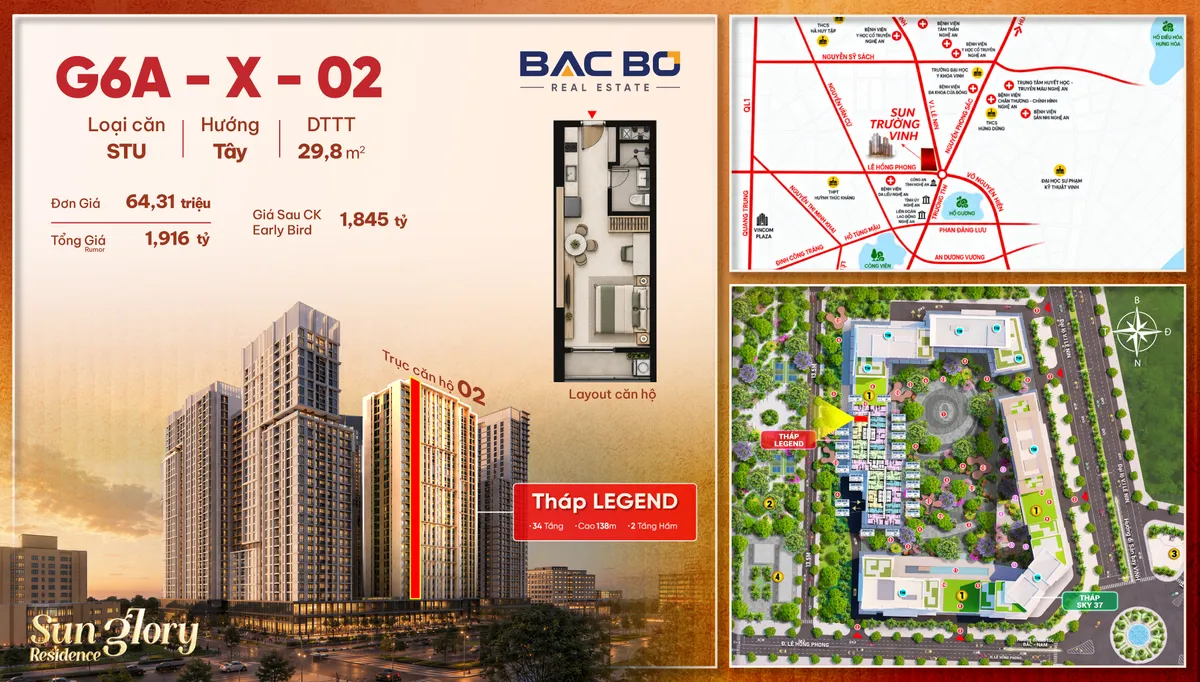 Phiếu căn G6A-X-02 tòa Legend Sun Glory Residence: studio hướng Tây, 29,8 m²