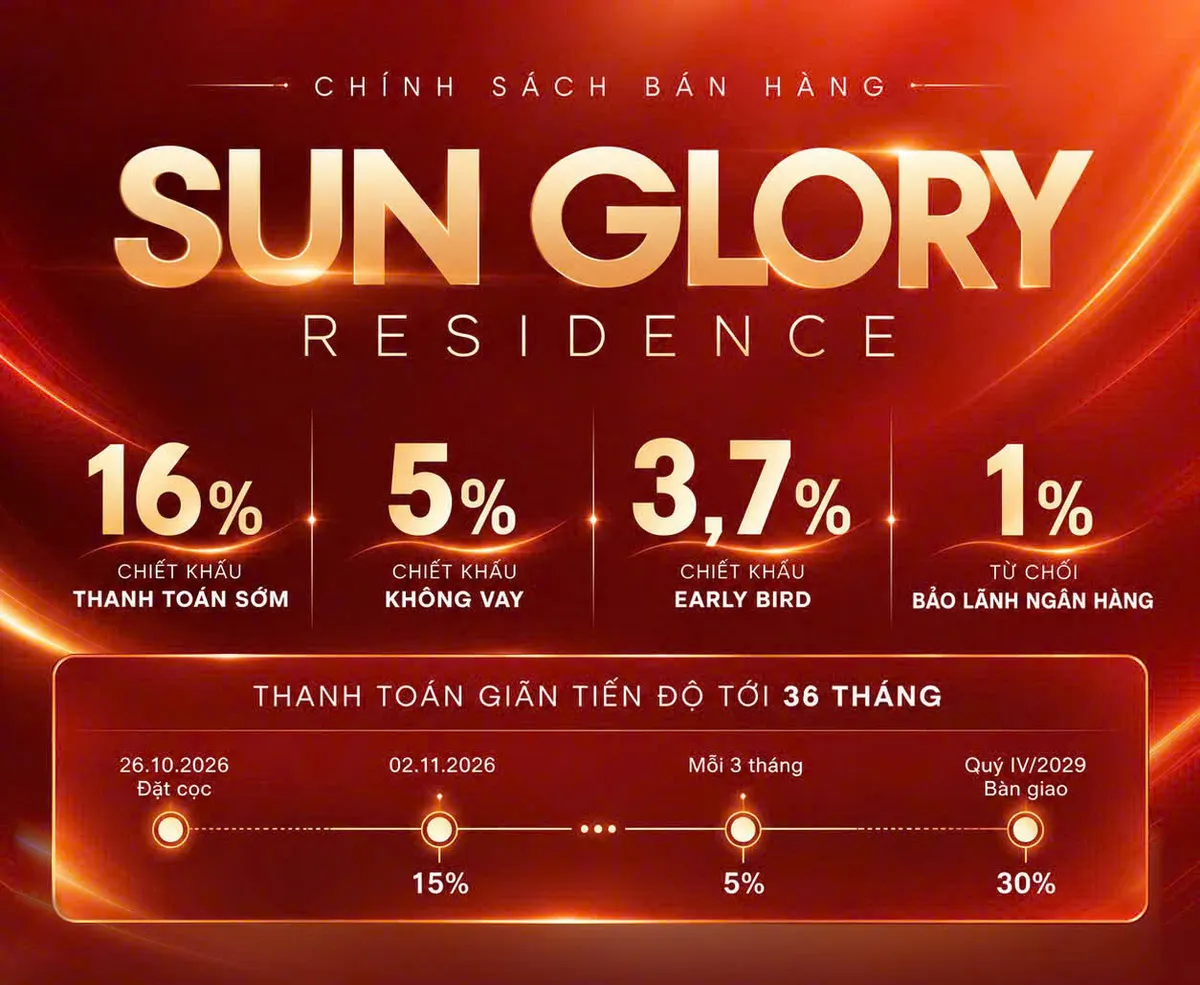 Chính sách bán hàng chung cư Sun Glory Residence với mốc đặt cọc 26/10/2026 và thanh toán 15% ngày 02/11/2026