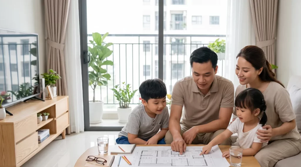 Ảnh minh họa gia đình bốn người chọn căn hộ chung cư Sun Glory Residence