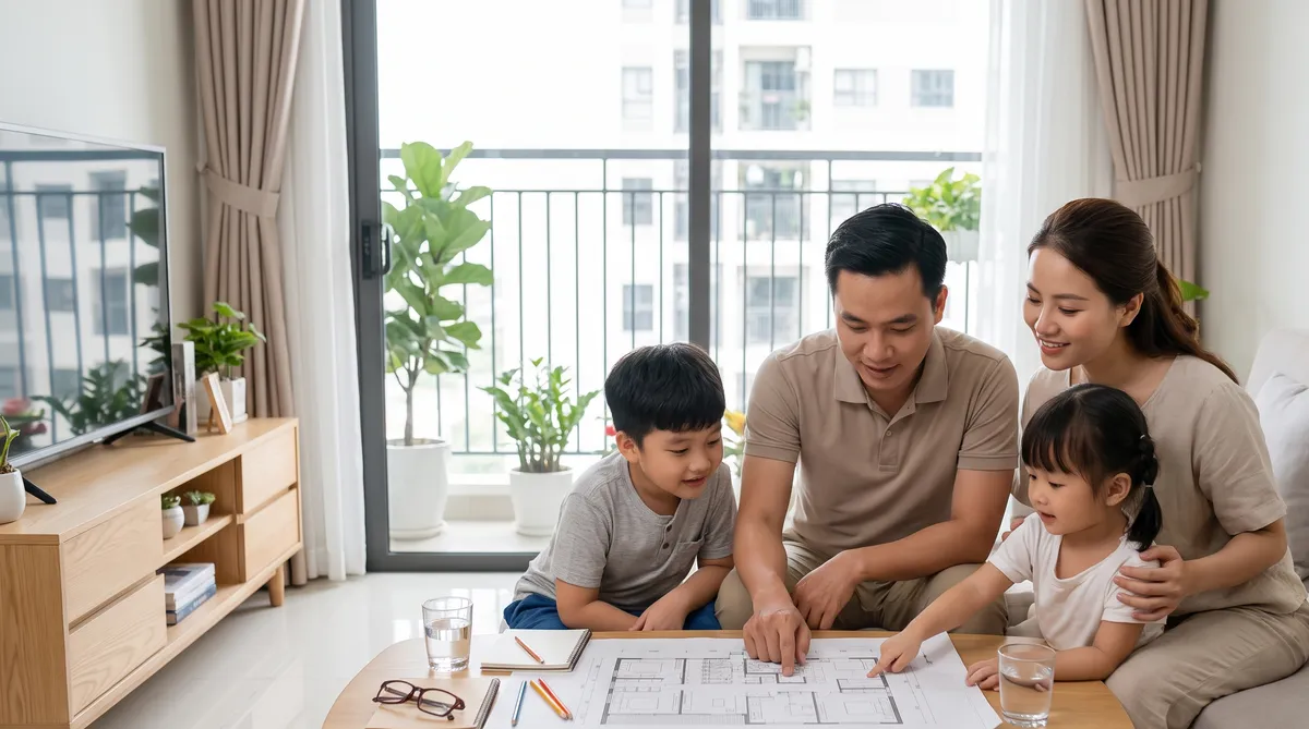 Ảnh minh họa gia đình bốn người chọn căn hộ chung cư Sun Glory Residence