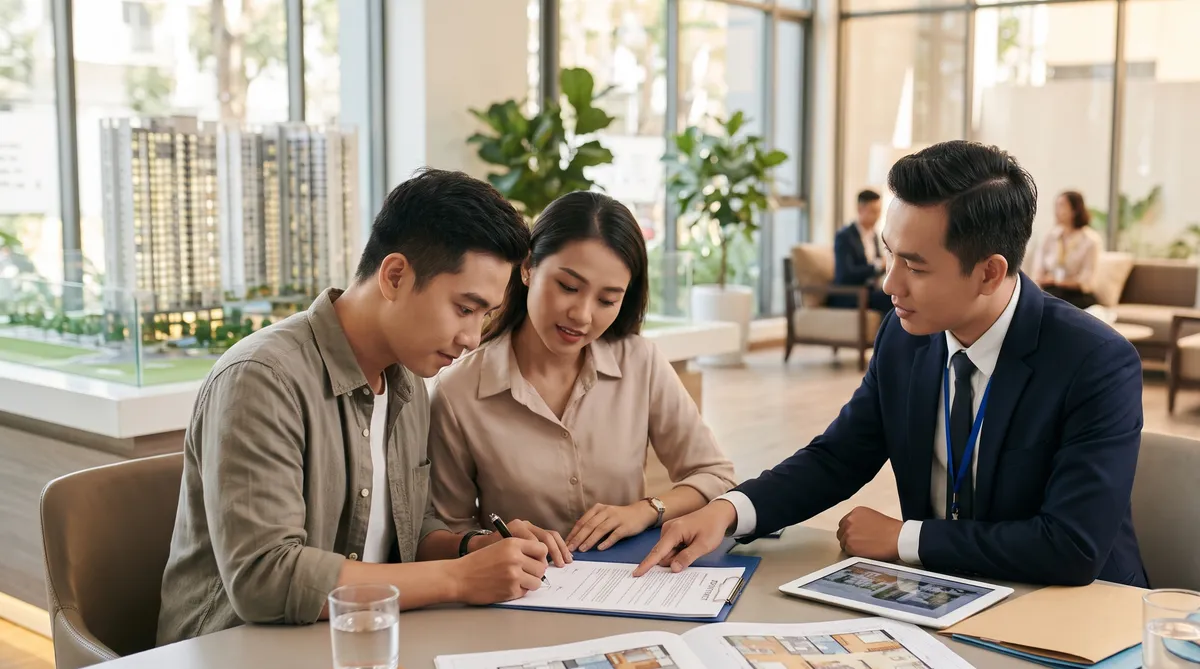 Ảnh minh họa vợ chồng trẻ ký hồ sơ đặt cọc chung cư Sun Glory Residence tòa Legend