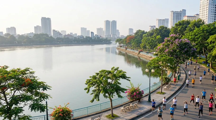 Ảnh minh họa người dân tập thể dục quanh hồ công viên gần Sun Glory Residence