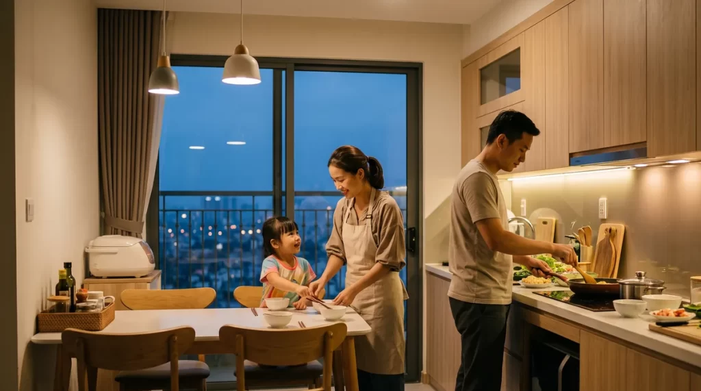 Ảnh minh họa gia đình nấu ăn trong khu bếp căn hộ chung cư Sun Glory Residence