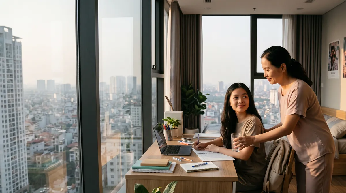 Ảnh minh họa sinh viên học bài trong căn hộ studio chung cư Sun Glory Residence
