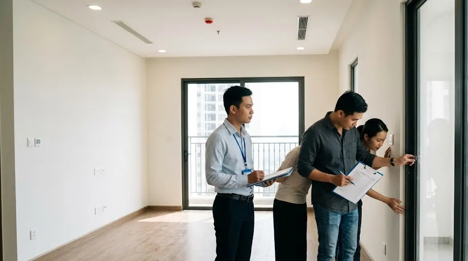 Ảnh minh họa vợ chồng trẻ kiểm tra căn hộ Sun Glory Residence ngày nhận bàn giao
