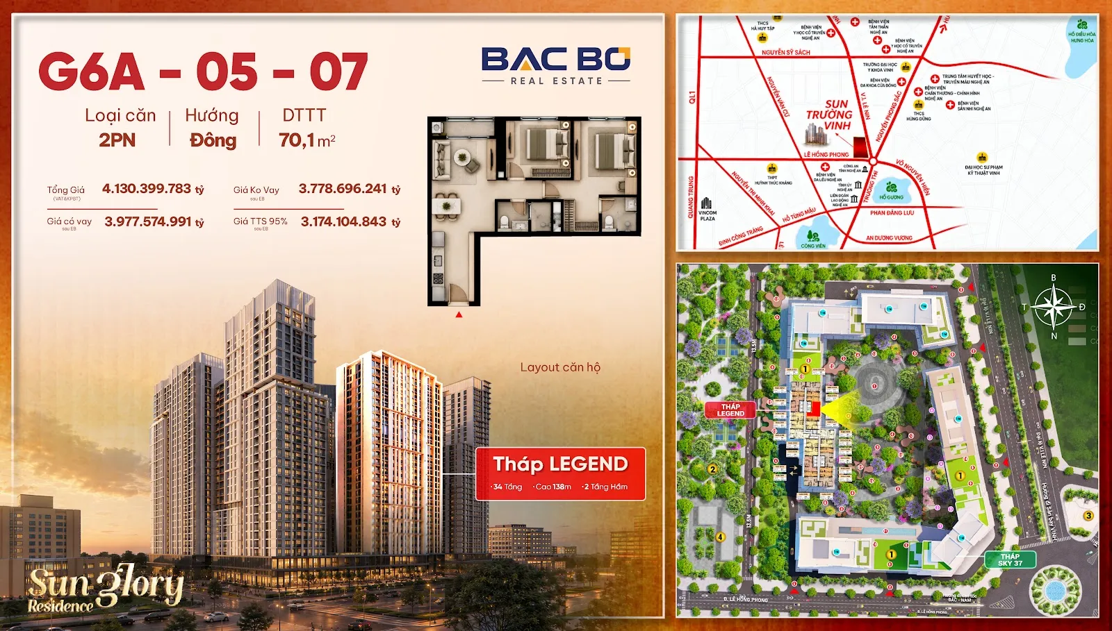 Phiếu căn 2PN G6A-0507 tòa Legend chung cư Sun Glory Residence hướng Đông 70,1 m²