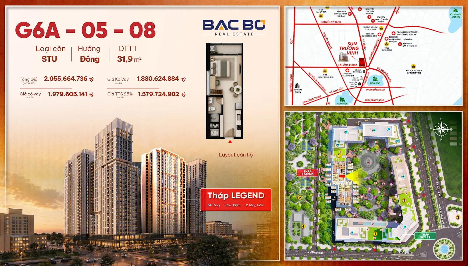Phiếu căn Studio G6A-0508 tòa Legend chung cư Sun Glory Residence hướng Đông 31,9 m²