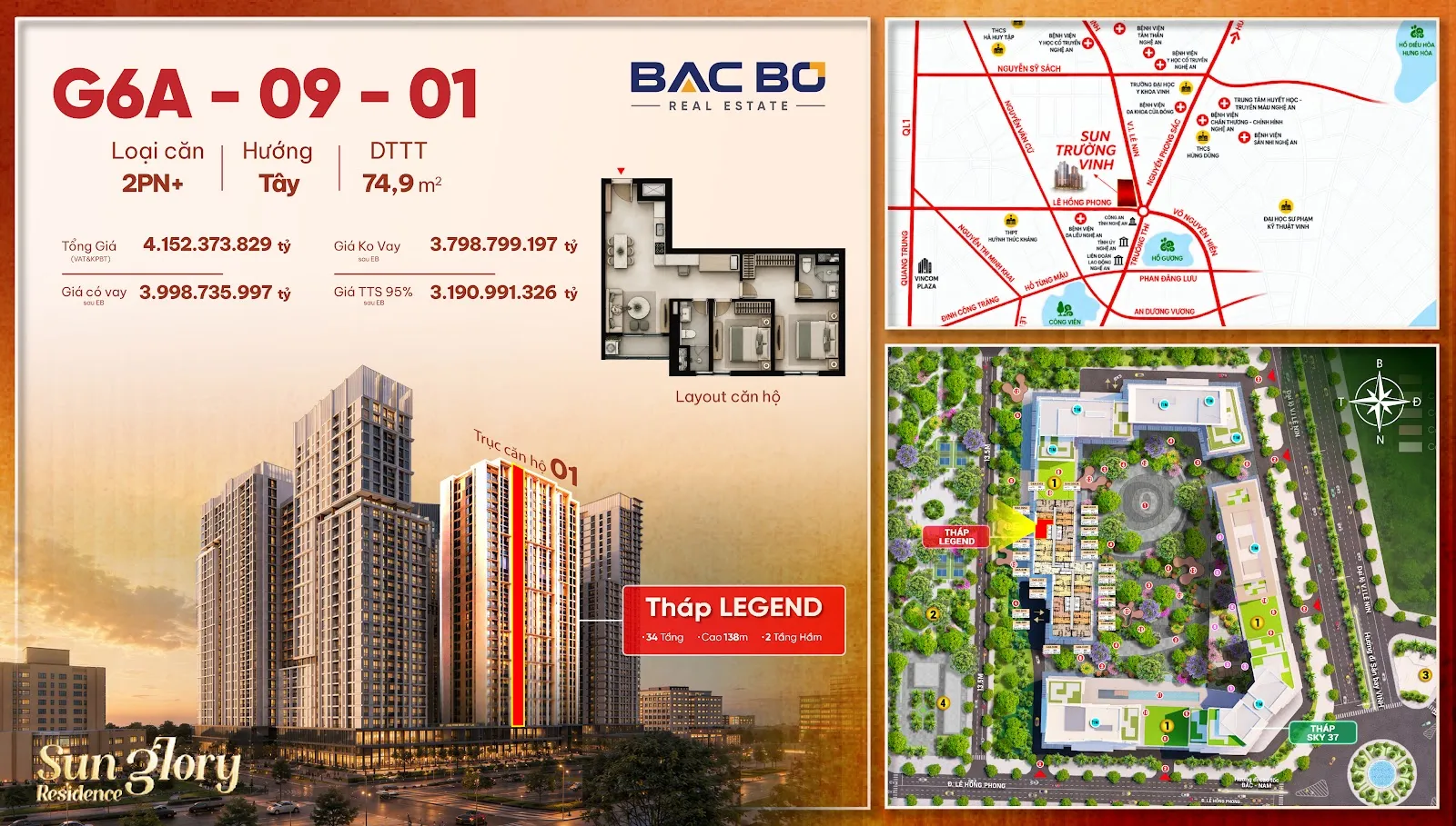 Phiếu căn 2PN+ G6A-0901 tòa Legend Sun Glory Residence hướng Tây 74,9 m²