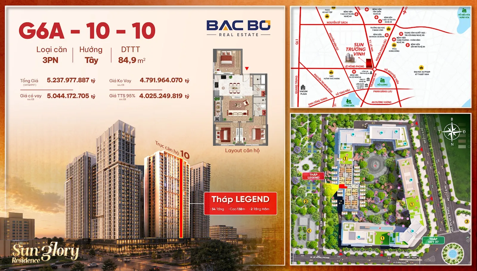 Phiếu căn 3PN G6A-1010 tòa Legend chung cư Sun Glory Residence hướng Tây 84,9 m²