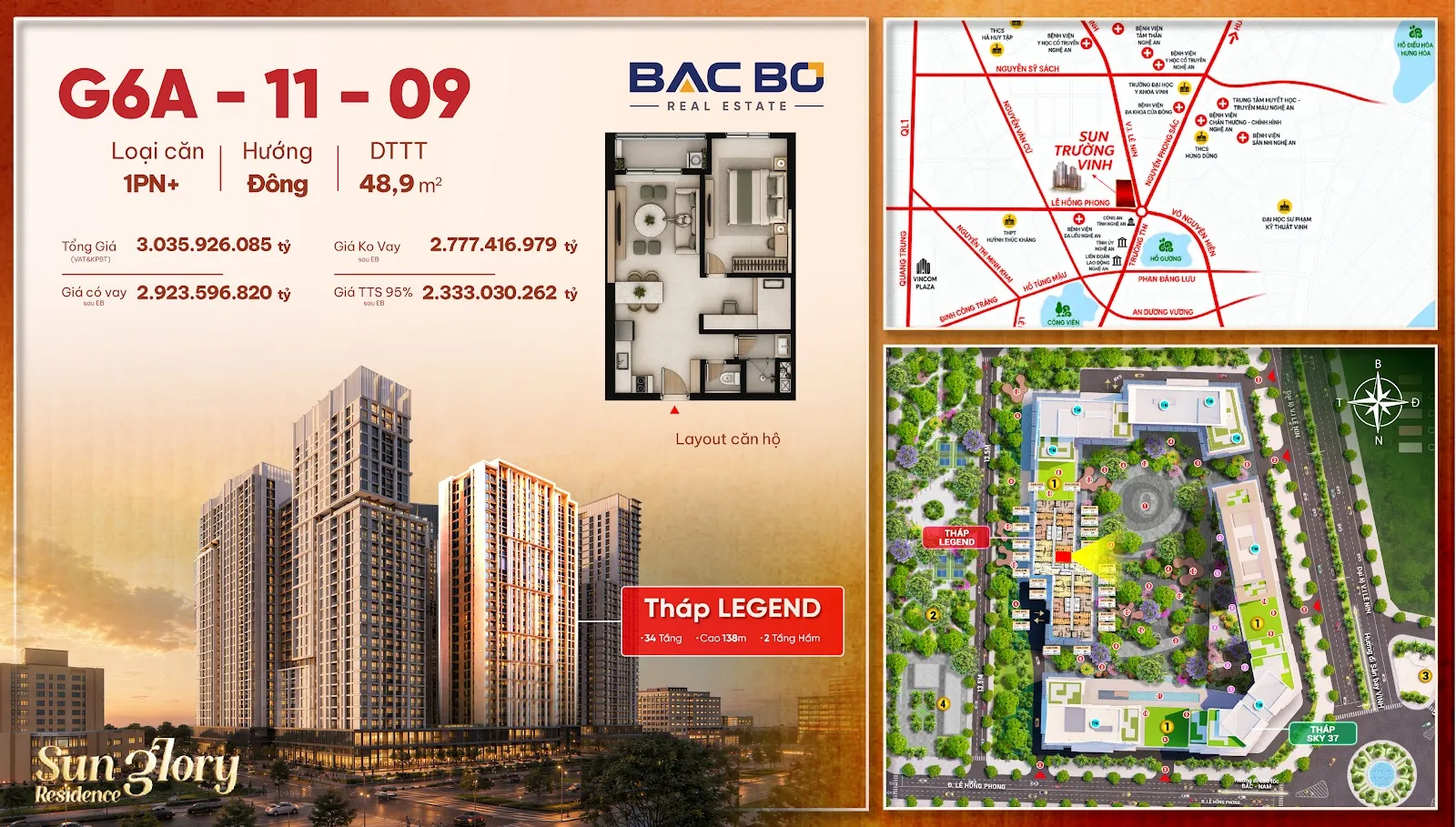 Phiếu căn 1PN+ G6A-1109 tòa Legend chung cư Sun Glory Residence hướng Đông 48,9 m²